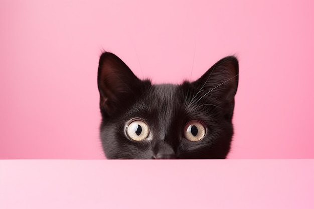 Un chat regarde derrière un fond rose