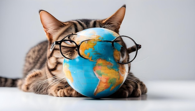 un chat regarde un globe avec un chat dessus