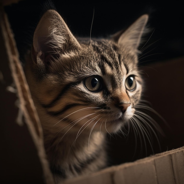 Un chat regarde par une boîte avec le mot chat dessus.