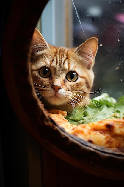 Un chat regarde par la fenêtre avec une pizza dedans.