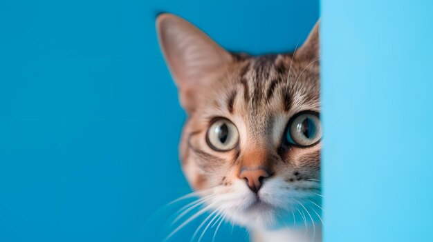 Un chat regarde par un mur bleu.