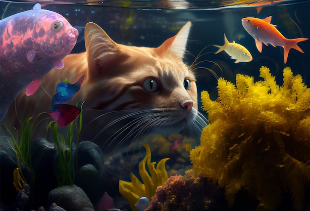 Le chat regarde les poissons dans l'aquarium Generative AI