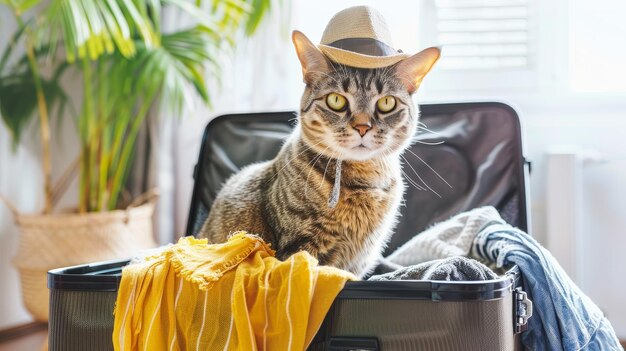 Le chat rejoint ses propriétaires en voyage d'été assis dans une valise.