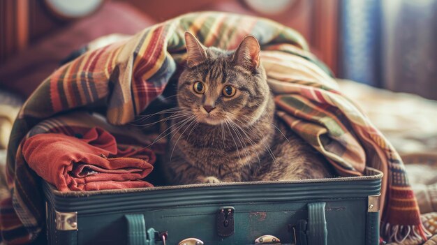 Le chat rejoint ses propriétaires en voyage d'été assis dans une valise.