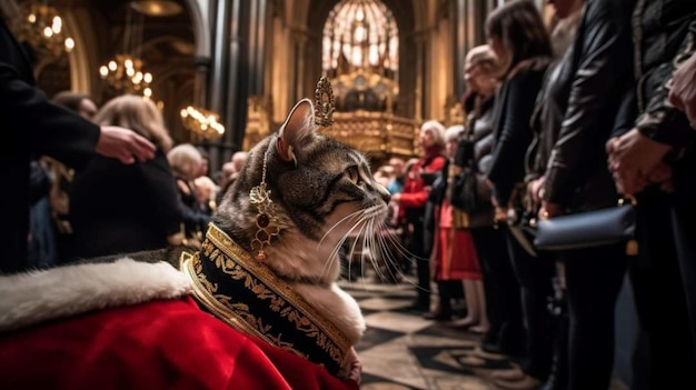 Un chat en robe rouge porte une couronne du roi d'Ecosse.