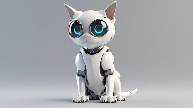 Un chat robot aux yeux bleus est assis sur un fond gris.