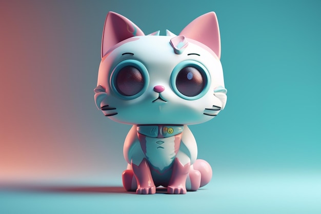 Chat robot dessin animé mignon sur fond bleu illustration de rendu 3d