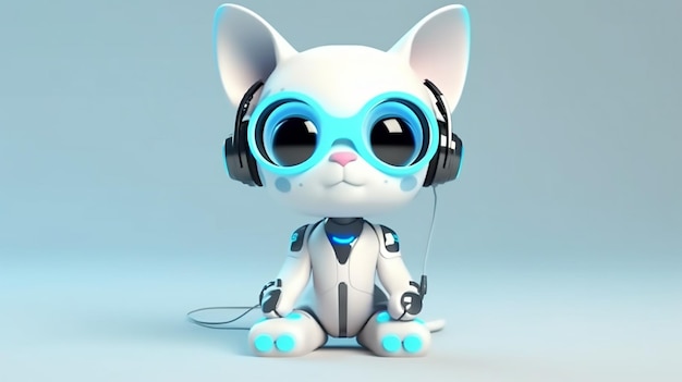 Un chat robot avec des écouteurs est assis sur un fond gris.