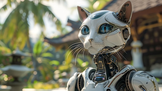 Photo un chat robotique futuriste avec des articulations mécaniques et des yeux expressifs sur un fond tropical