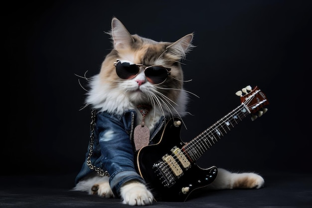 Chat rock posant avec une guitare et portant une tenue de rock star créée avec une IA générative