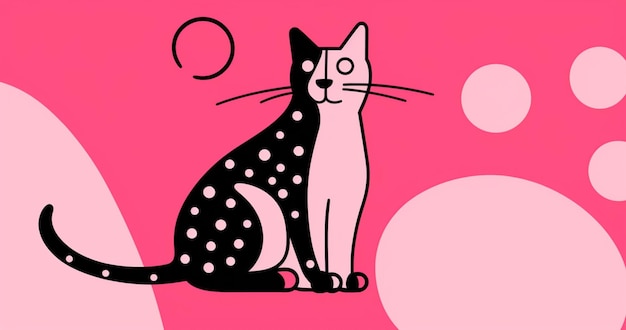 Un chat rose et noir est assis sur un fond rose avec les mots « chat » sur le devant.