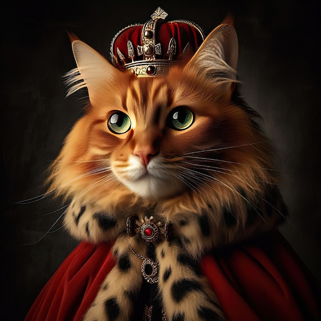 Un chat rouge aux yeux verts, un roi dans un manteau monarque.