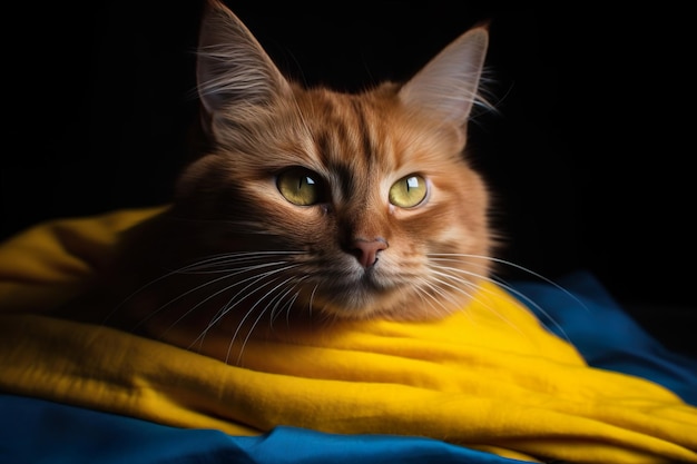 Chat rouge enveloppé dans un drapeau bleu-jaune de l'Ukraine dans un casque militaire généré par l'IA