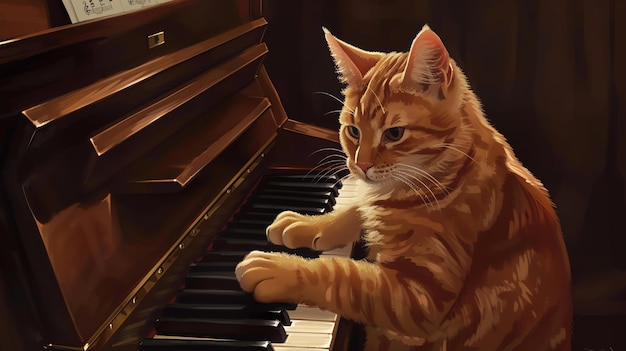 Un chat rouge est assis sur un banc de piano jouant des touches avec ses pattes le chat regarde les touches pendant qu'il joue le piano est en bois