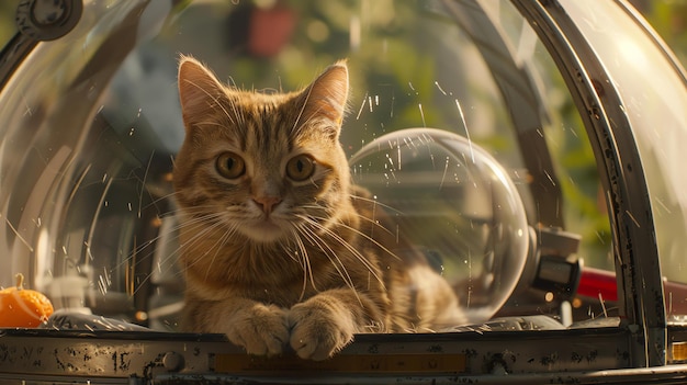 Photo un chat rouge est assis dans une bulle de verre et regarde le monde avec curiosité et étonnement dans ses yeux.