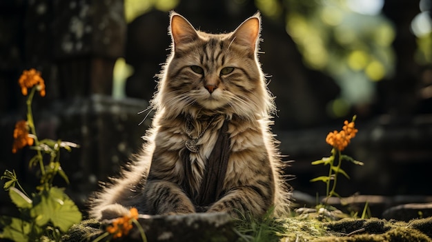 Un chat rouge est assis sur une pierre dans une forêt