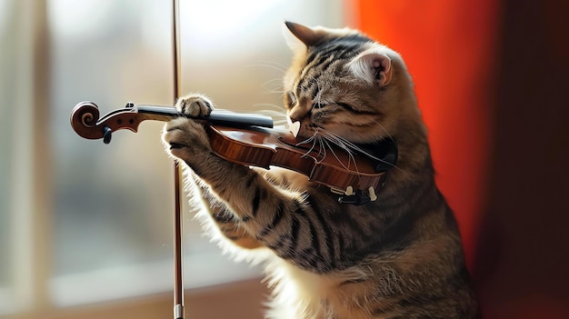 Un chat rouge est assis sur un seuil de fenêtre jouant du violon le chat est très concentré sur le jeu du violon l'arrière-plan est flou et léger