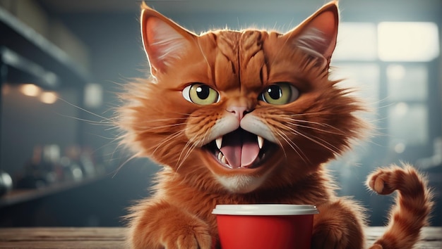 Un chat rouge fou et en colère avec la bouche ouverte et un verre de café dans les pattes.