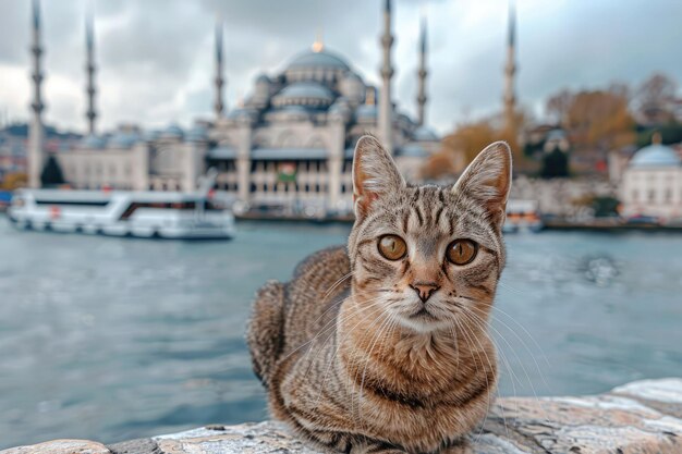 Un chat rouge d'Istanbul regarde la caméra devant la mosquée bleue le célèbre chat d'Istanboul