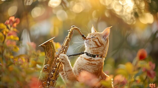 Photo un chat rouge joue du saxophone dans un champ de fleurs le chat porte un collier avec une cloche dessus