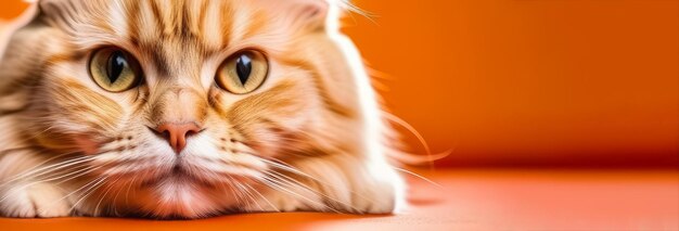 Un chat rouge et moelleux est allongé sur un fond orange.