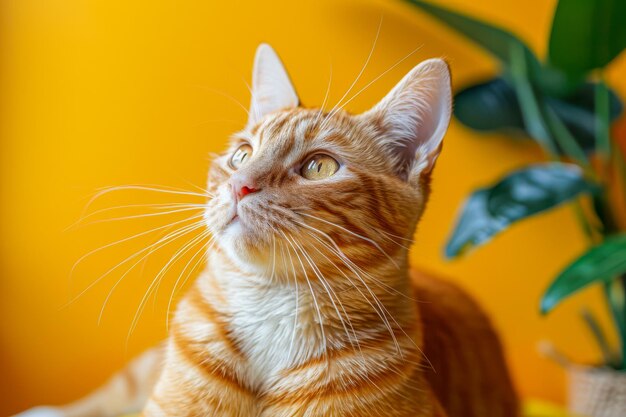 Un chat rouge avec des moustaches qui regarde vers le haut par une journée ensoleillée