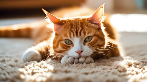 Un chat rouge qui s'étire paresseusement sur un tapis en peluche