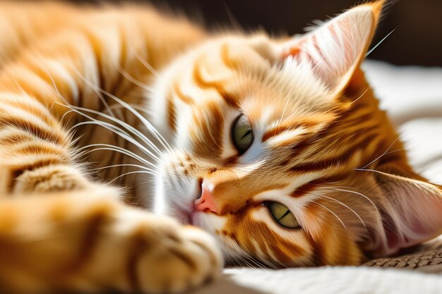 Un chat rouge qui se repose et prend une sieste sur une couverture blanche douce et moelleuse
