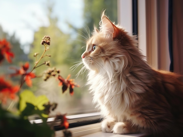 Le chat rouge regarde par la fenêtre avec curiosité