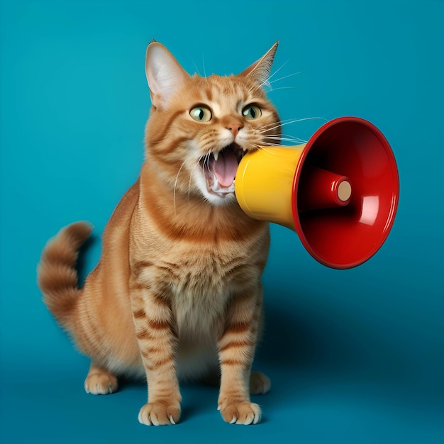 Chat roux avec un mégaphone sur fond bleu