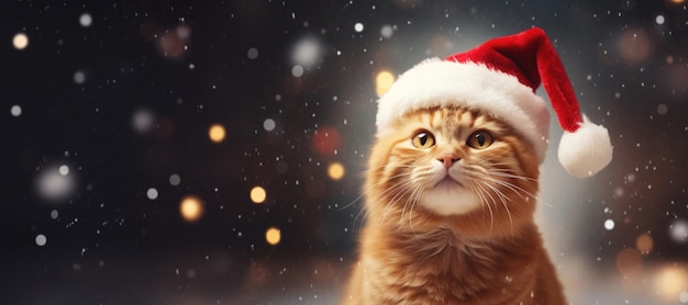 Chat roux moelleux dans le modèle de carte de Noël au chapeau rouge du Père Noël Generative AI