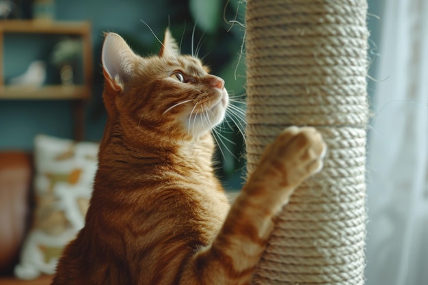 Un chat roux avec une perche de chat un poteau de grattage contre le fond du salon