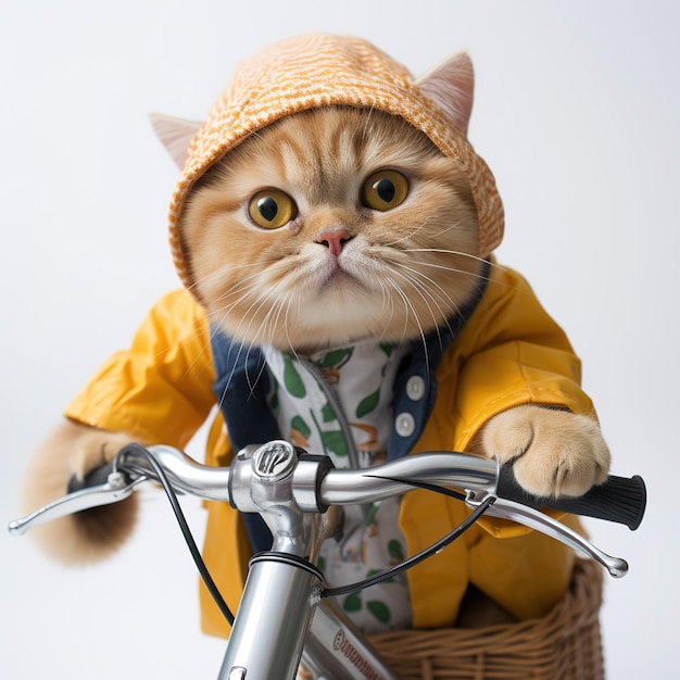 Un chat roux portant un imperméable jaune et un chapeau fait du vélo