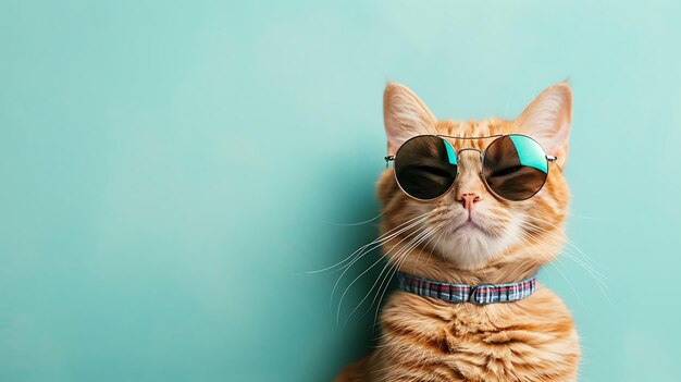 Photo un chat roux portant des lunettes de soleil et un collier à carreaux est assis sur un fond bleu