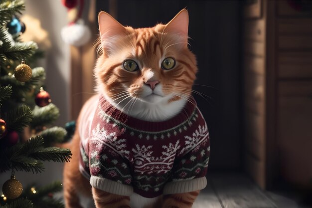 Chat roux en pull de Noël Generative AI