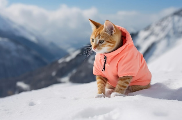 Chat roux en veste rose dans la neige Generative AI