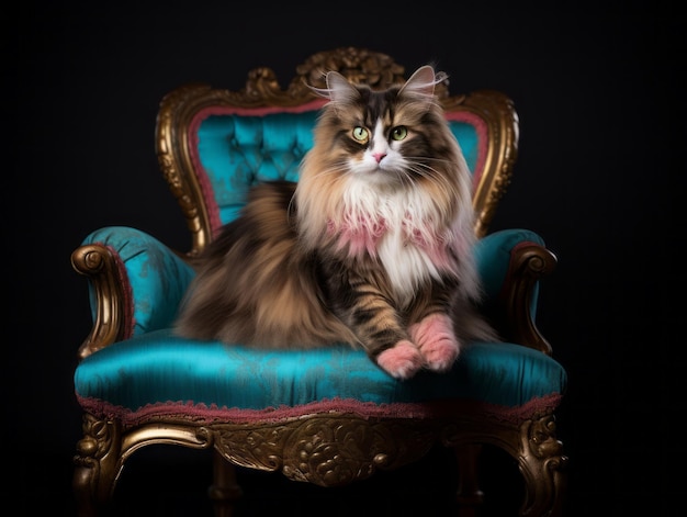 chat royal posé sur une chaise luxueuse