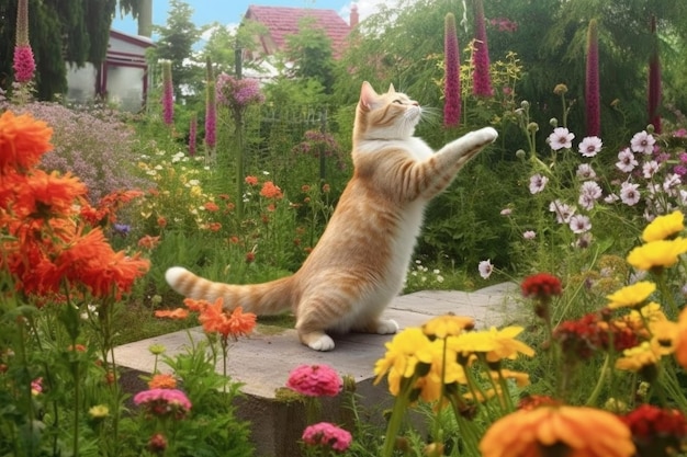 Un chat s'étendant près des fleurs en fleurs dans le jardin du matin créé avec l'AI générative