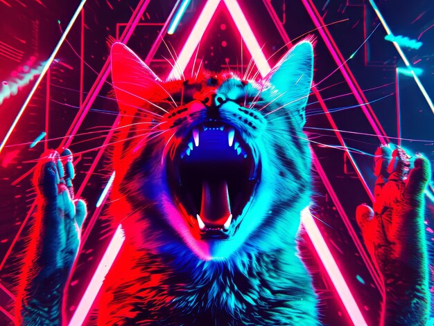 Photo un chat avec sa bouche ouverte devant des lumières au néon