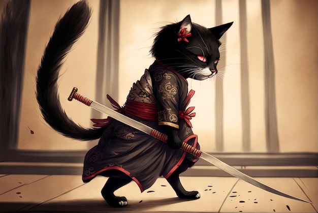 Photo chat samouraï dans un style de dessin traditionnel art de style japonais avec chaton guerrier en kimono ai généré