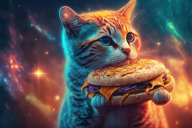 un chat avec un sandwich dans les mains