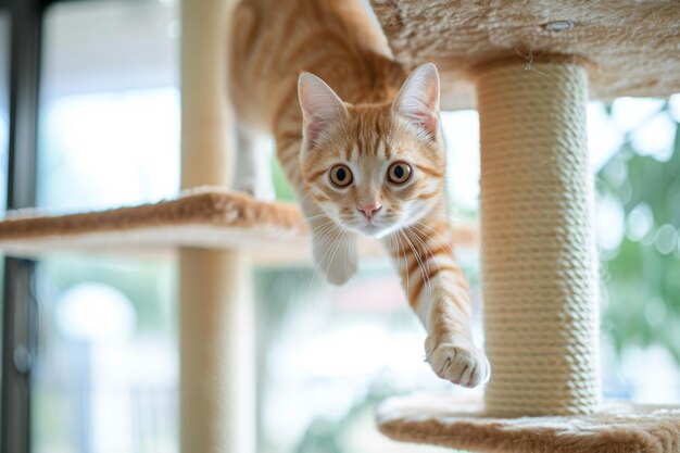 Photo un chat sautant gracieusement à travers un arbre de chats élaboré montrant leur agilité et leur énergie ludique