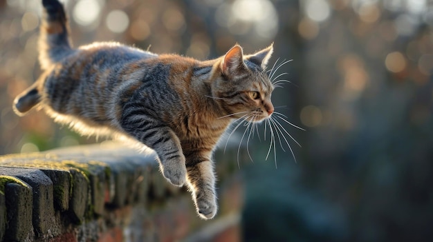Un chat sautant par-dessus un mur de briques au soleil ai