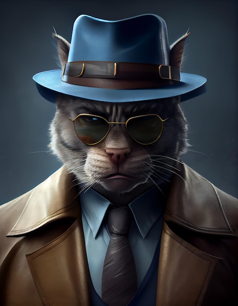 Chat sauvage gangster avec un manteau de costume à la mode généré par l'IA