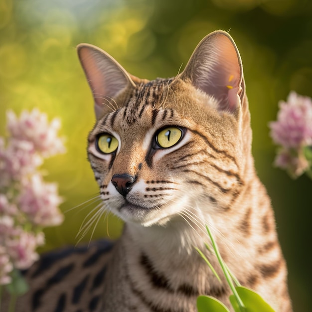 Chat de savane réaliste sur fond extérieur naturel ravissant