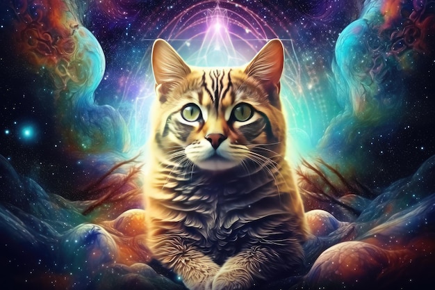 Le chat Scifi est une créature fantastique avec un ciel coloré et un fond sombre.