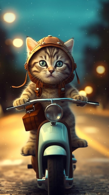 Un chat sur un scooter avec un casque dessus