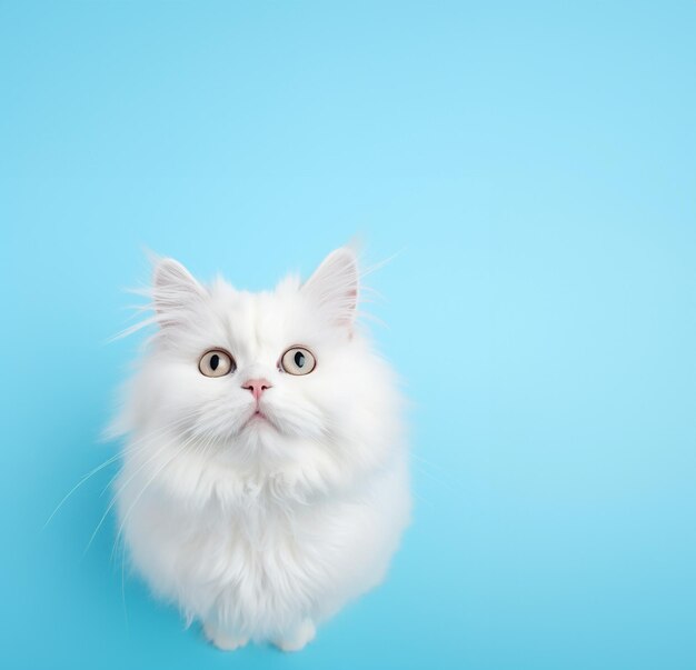 Chat Scottish Fold à poil long blanc regardant sur un fond bleu