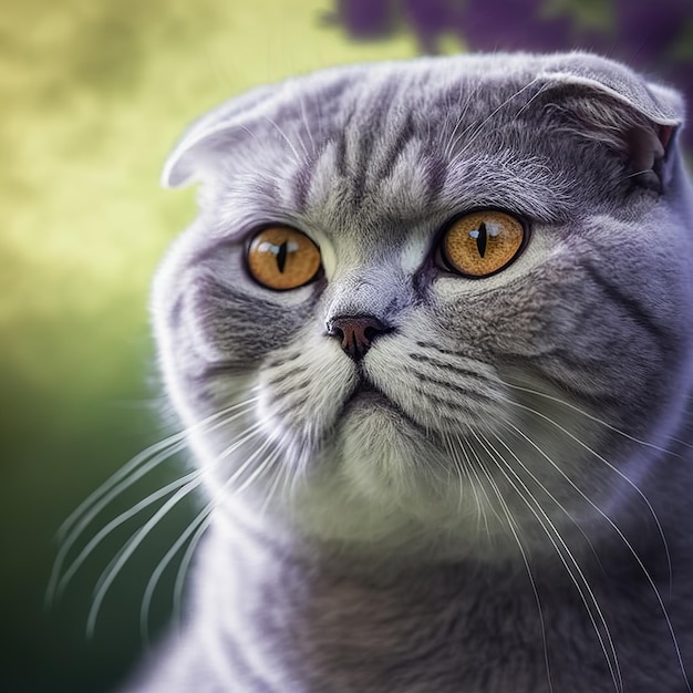 Chat scottish fold réaliste sur fond extérieur naturel ravissant