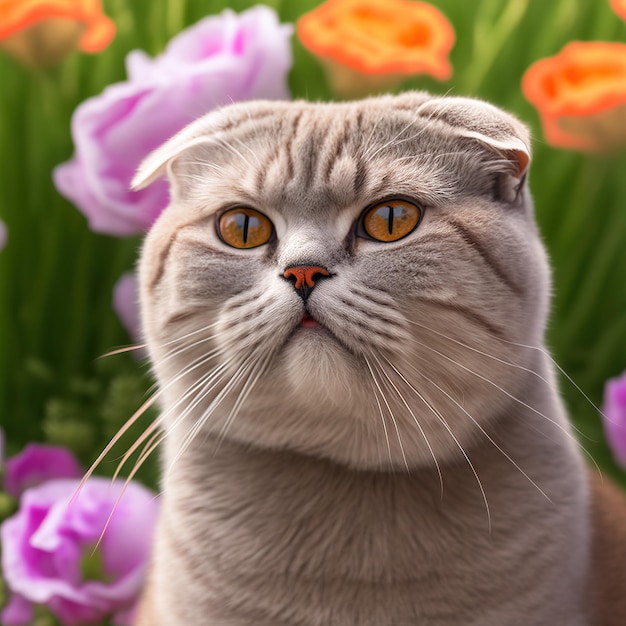 Chat scottish fold réaliste sur fond extérieur naturel ravissant